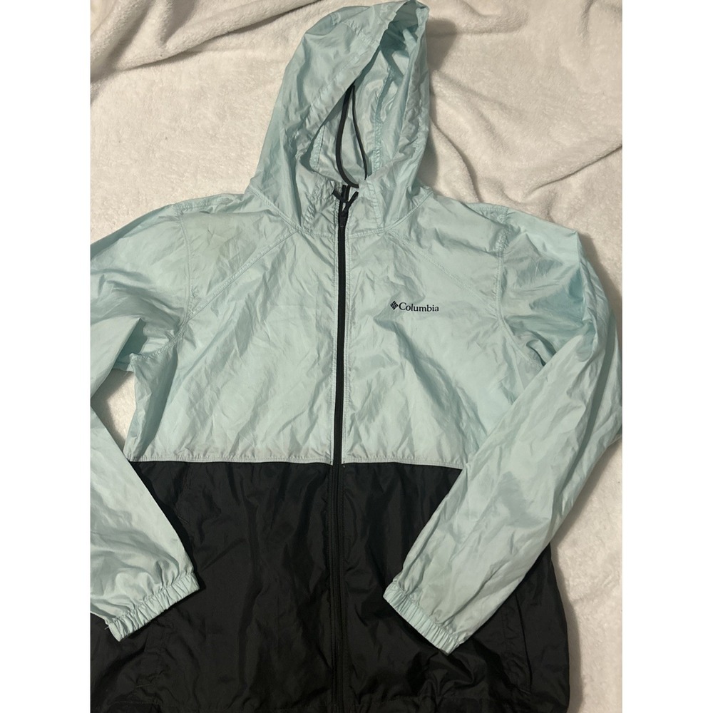 Columbia Lightweight Rain Jacket Women's L Blue Colorblock Hooded Full Zip